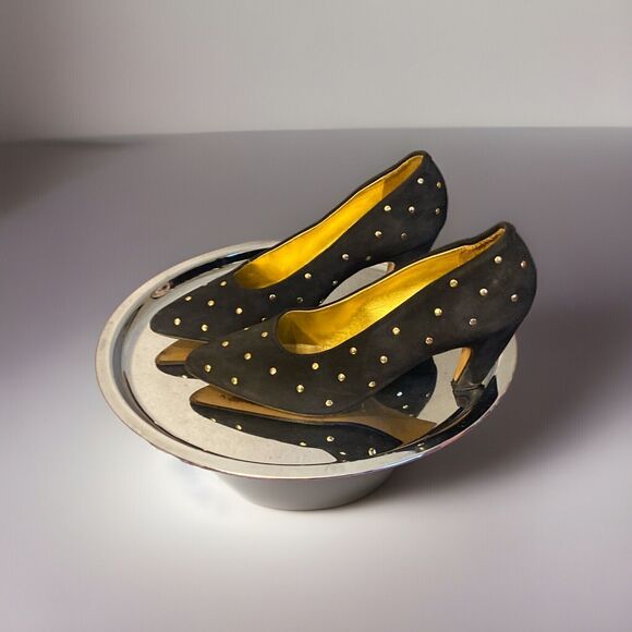 Paloma Women's Italian Made Shoes Black Suede 8B‎ Studs 3” Heals - Picture 3 of 10